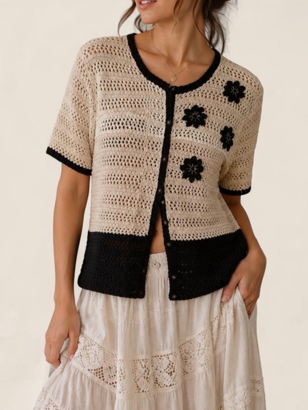 Vintage Embroidered Crochet Floral Cardigan Top | Cottagecore Folk Boho Medium